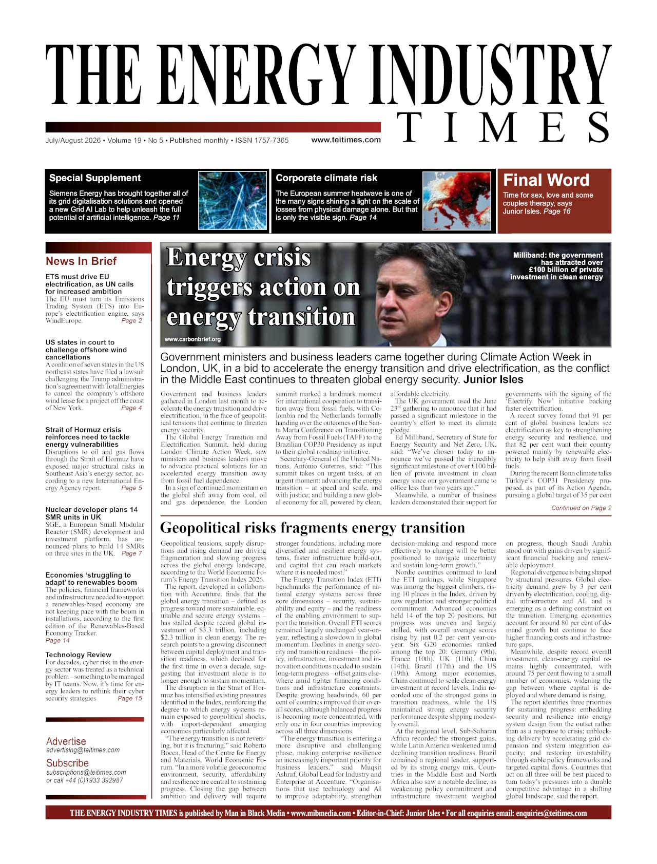 Selected highlights from the July August 2026 edition of The Energy Industry Times